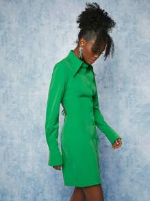 SHEINNeu Solid Button Front Shirt Dress - Green - View 3