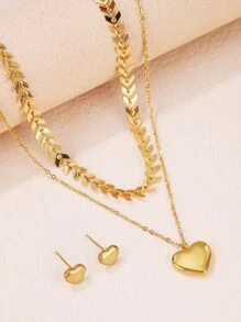3-piece Set Of Glossy Heart-shaped Fishbone Chain Double Layer Necklace Earrings - Yellow Gold - View 1