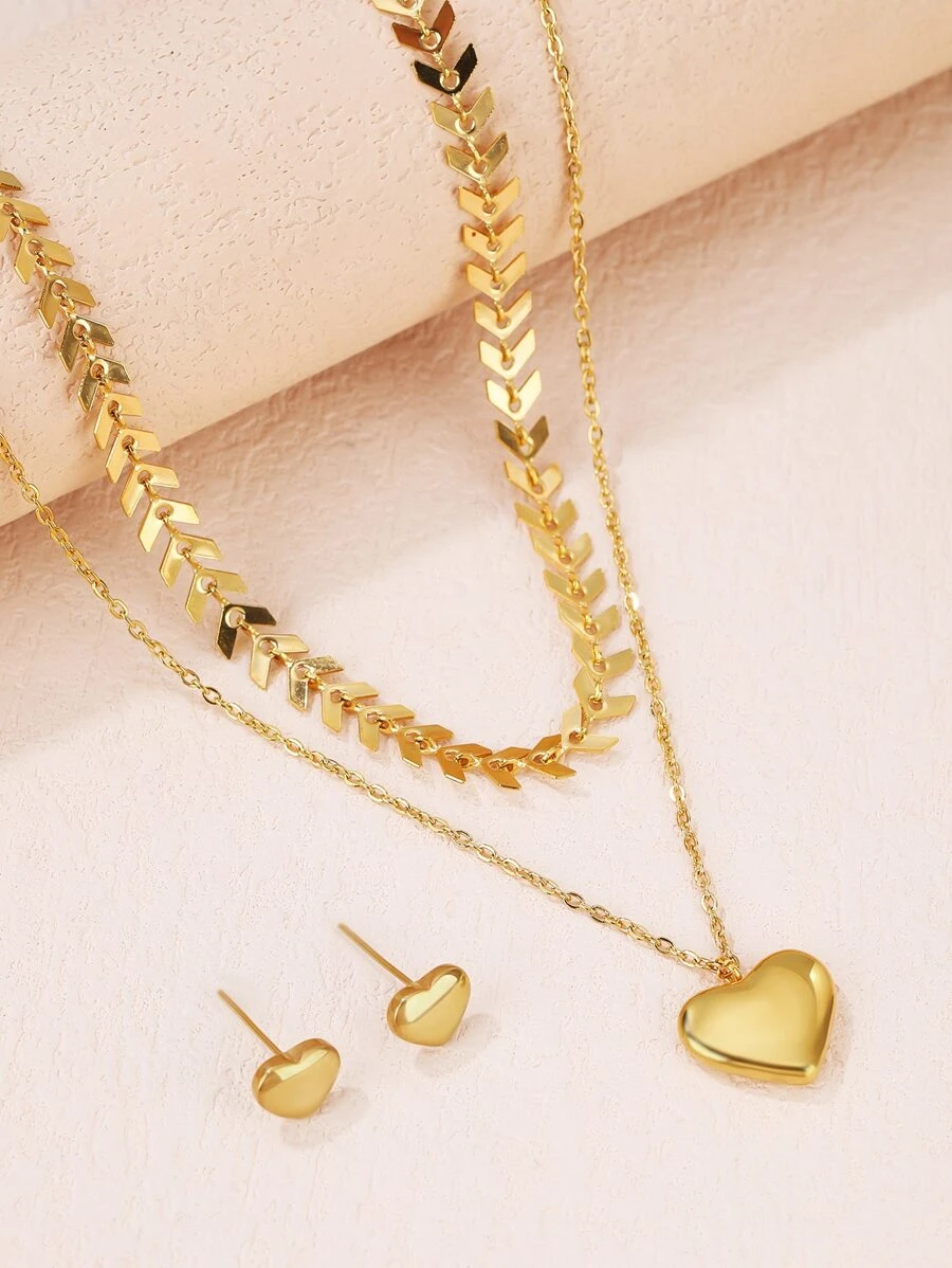 3-piece Set Of Glossy Heart-shaped Fishbone Chain Double Layer Necklace Earrings - Yellow Gold - View 1