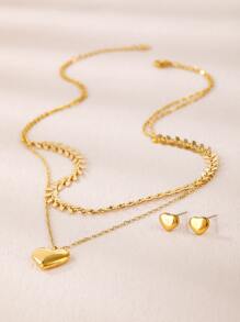 3-piece Set Of Glossy Heart-shaped Fishbone Chain Double Layer Necklace Earrings - Yellow Gold - View 2