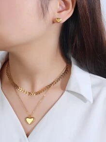 3-piece Set Of Glossy Heart-shaped Fishbone Chain Double Layer Necklace Earrings - Yellow Gold - View 4