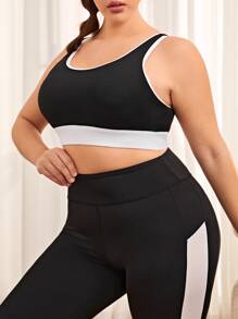 Plus Criss Cross Contrast Binding Sports Bra - Black and White - View 3