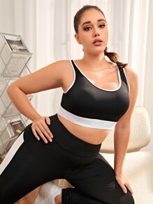 Plus Criss Cross Contrast Binding Sports Bra - Black and White - View 5