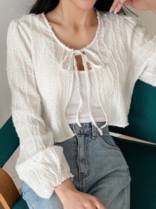 DAZY 綁帶前掀風袖短上衣 - 白色 - 查看 3