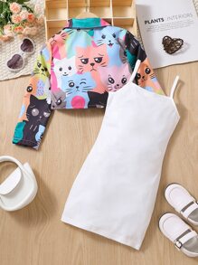 小女童卡通圖案襯衫和吊帶洋裝