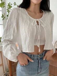 DAZY 綁帶前掀風袖短上衣 - 白色 - 查看 4