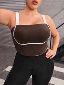 Plus Contrast Trim Cami Sports Bra - Chocolate Brown - View 3
