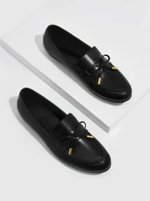 Bow Decor Flat Loafers - Black - View 4