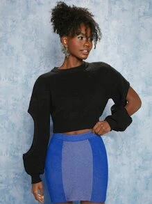 SHEINNeu Cut Out Drop Shoulder Crop Sweater - Black - View 3