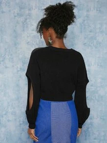 SHEINNeu Cut Out Drop Shoulder Crop Sweater - Black - View 2