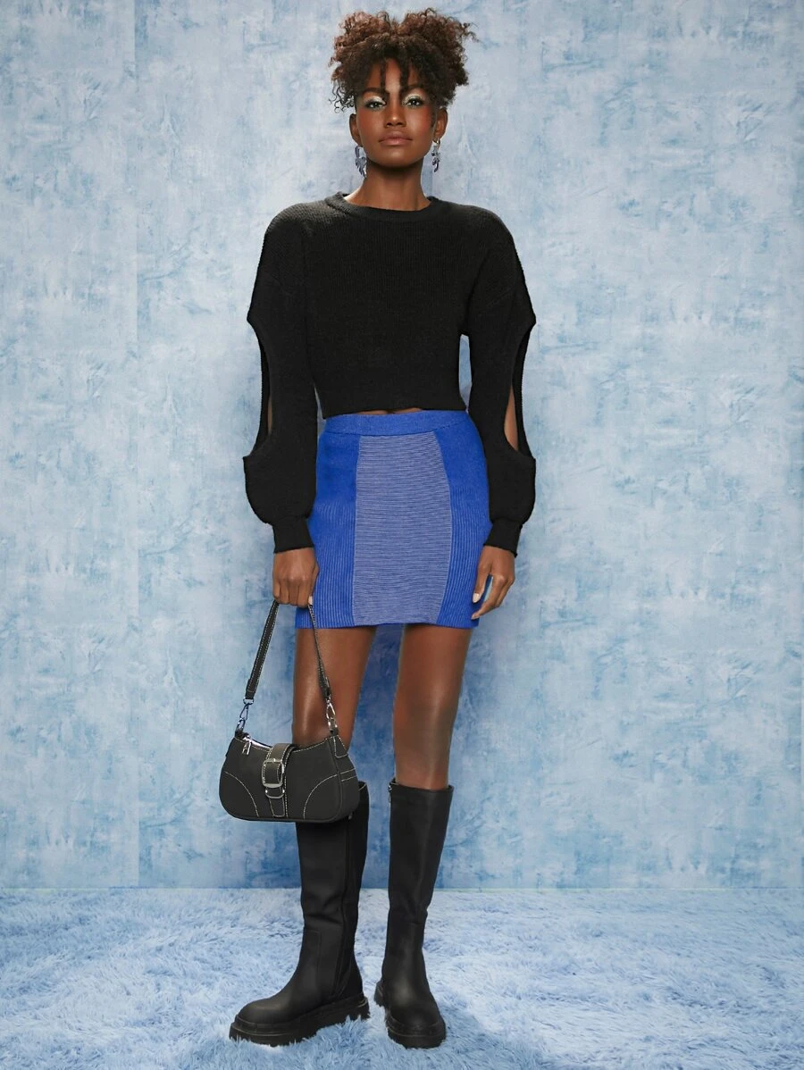 SHEINNeu Cut Out Drop Shoulder Crop Sweater - Black - View 1