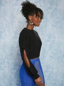 SHEINNeu Cut Out Drop Shoulder Crop Sweater - Black - View 4