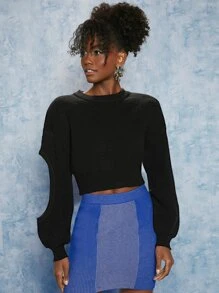 SHEINNeu Cut Out Drop Shoulder Crop Sweater - Black - View 5
