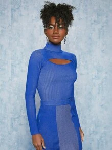 SHEINNeu Cut Out Front Stand Neck Jumper - Blue - View 3