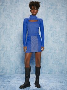 SHEINNeu Cut Out Front Stand Neck Jumper - Blue - View 4