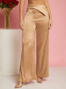 SHEIN BAE Folded Waist Satin Wide Leg Pants - Apricot - View 1