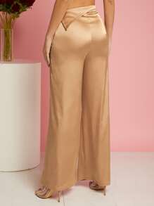 SHEIN BAE Folded Waist Satin Wide Leg Pants - Apricot - View 2