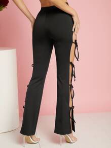 SHEIN BAE Cut Out Knot Side Flare Leg Trousers - Black - View 4