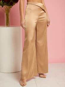 SHEIN BAE Folded Waist Satin Wide Leg Pants - Apricot - View 5