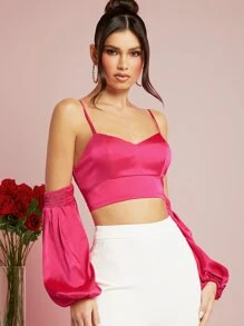 SHEIN BAE Cold Shoulder Lantern Sleeve Satin Crop Top - Hot Pink - View 4