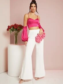 SHEIN BAE Cold Shoulder Lantern Sleeve Satin Crop Top - Hot Pink - View 5
