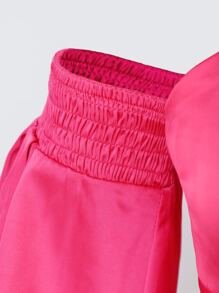 SHEIN BAE Cold Shoulder Lantern Sleeve Satin Crop Top - Hot Pink - View 6