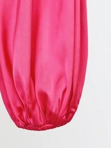 SHEIN BAE Cold Shoulder Lantern Sleeve Satin Crop Top - Hot Pink - View 7