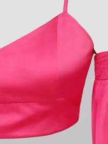 SHEIN BAE Cold Shoulder Lantern Sleeve Satin Crop Top - Hot Pink - View 8