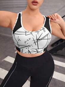 Plus Graphic Print Crop Sports Bra - Black and White - View 1