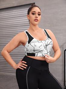 Plus Graphic Print Crop Sports Bra - Black and White - View 5
