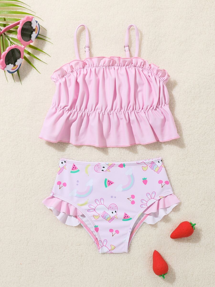 Baby Girl Rainbow & Unicorn Print Ruffle Hem Beachwear Summer Beach - Baby Pink - View 1