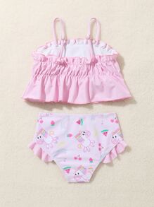 Baby Girl Rainbow & Unicorn Print Ruffle Hem Beachwear Summer Beach - Baby Pink - View 2