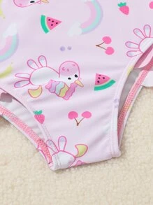 Baby Girl Rainbow & Unicorn Print Ruffle Hem Beachwear Summer Beach - Baby Pink - View 5