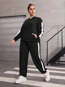 Plus Contrast Side Seam Drop Shoulder Kangaroo Pocket Hooded Sports Set - Black - View 1