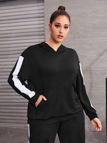 Plus Contrast Side Seam Drop Shoulder Kangaroo Pocket Hooded Sports Set - Black - View 3
