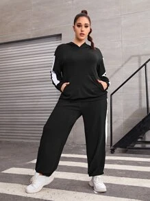 Plus Contrast Side Seam Drop Shoulder Kangaroo Pocket Hooded Sports Set - Black - View 5