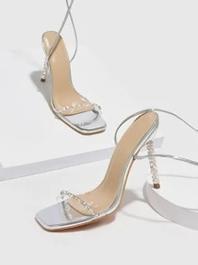 Rhinestone Decor Tie Leg Design Strappy Sandals - Silver - View 4