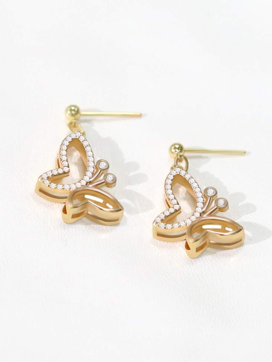 Cubic Zirconia Decor Butterfly Drop Earrings - Yellow Gold - View 1