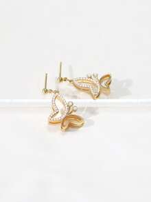 Cubic Zirconia Decor Butterfly Drop Earrings - Yellow Gold - View 5
