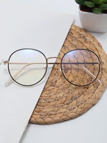 1 件椭圆形金属框架眼镜，2023 年新款时尚男女通用电脑防眼疲劳眼镜，不对称时尚金属框架眼镜 - 金色 - 查看 1