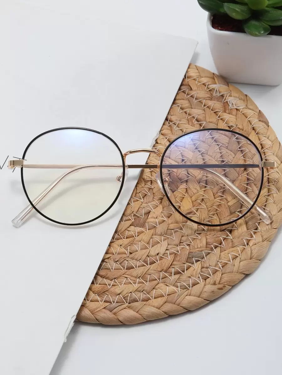 1 件椭圆形金属框架眼镜，2023 年新款时尚男女通用电脑防眼疲劳眼镜，不对称时尚金属框架眼镜 - 金色 - 查看 1