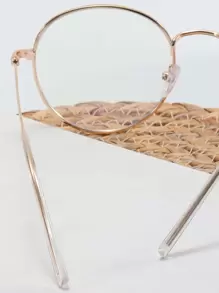 1 件椭圆形金属框架眼镜，2023 年新款时尚男女通用电脑防眼疲劳眼镜，不对称时尚金属框架眼镜 - 金色 - 查看 4
