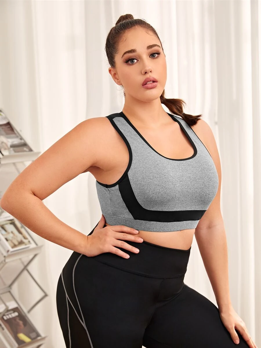 Plus Colorblock Racerback Sports Bra - Grey - View 1
