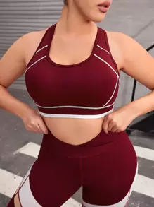 Plus Top-stitching Racer Back Sports Bra - Burgundy - View 2