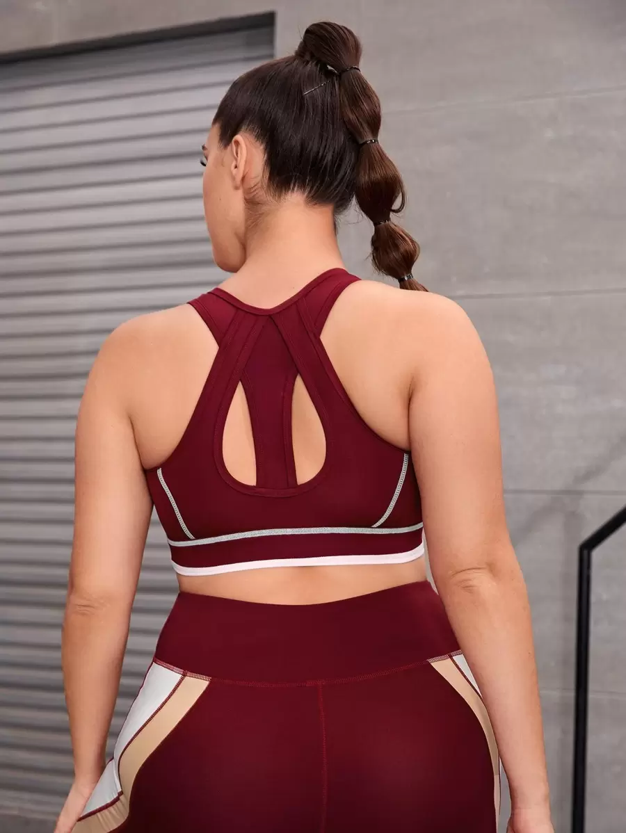 Plus Top-stitching Racer Back Sports Bra - Burgundy - View 1