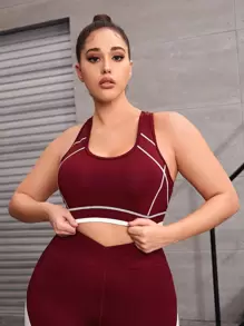 Plus Top-stitching Racer Back Sports Bra - Burgundy - View 3