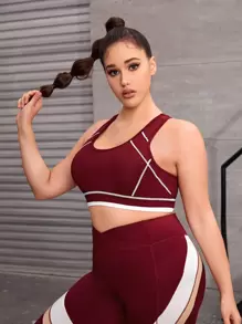 Plus Top-stitching Racer Back Sports Bra - Burgundy - View 4