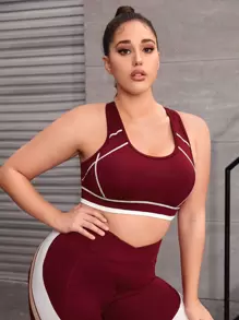 Plus Top-stitching Racer Back Sports Bra - Burgundy - View 5