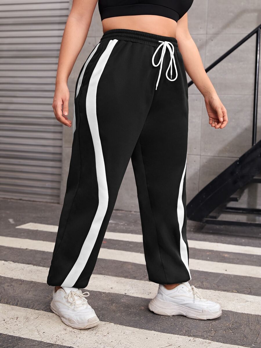 Gameset SHEIN Sport Plus Contrast Side Seam Drawstring Waist Sports Pants - Black - View 1