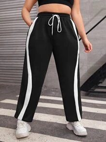 Gameset SHEIN Sport Plus Contrast Side Seam Drawstring Waist Sports Pants - Black - View 5
